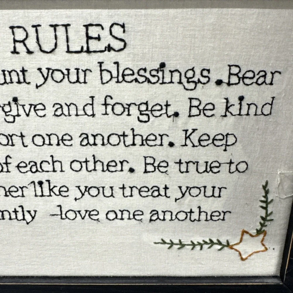 HOME Decor Framed House Rules Hand Embroidery Crewel‎ Family Love Respect Rustic